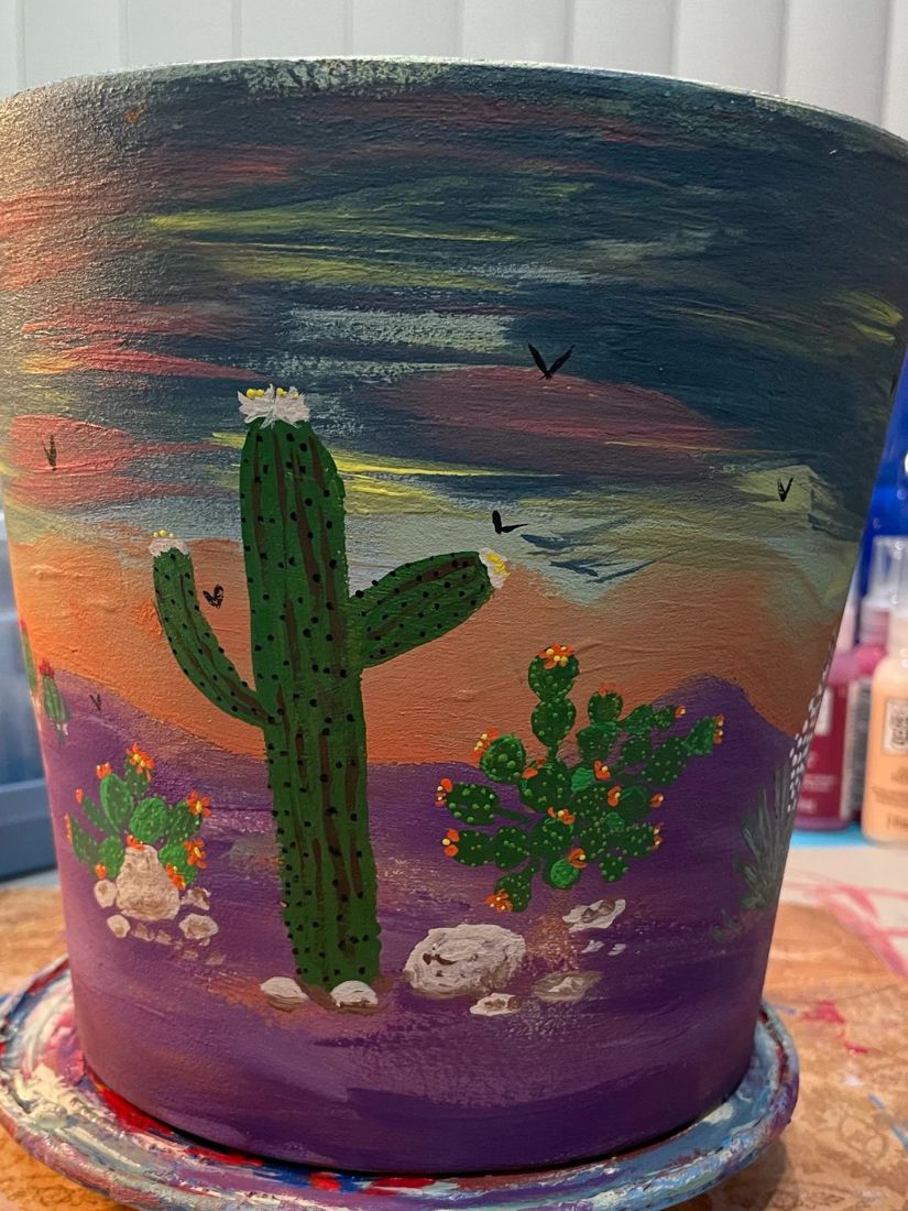Painted pot with a saguaro at sunset, side 1